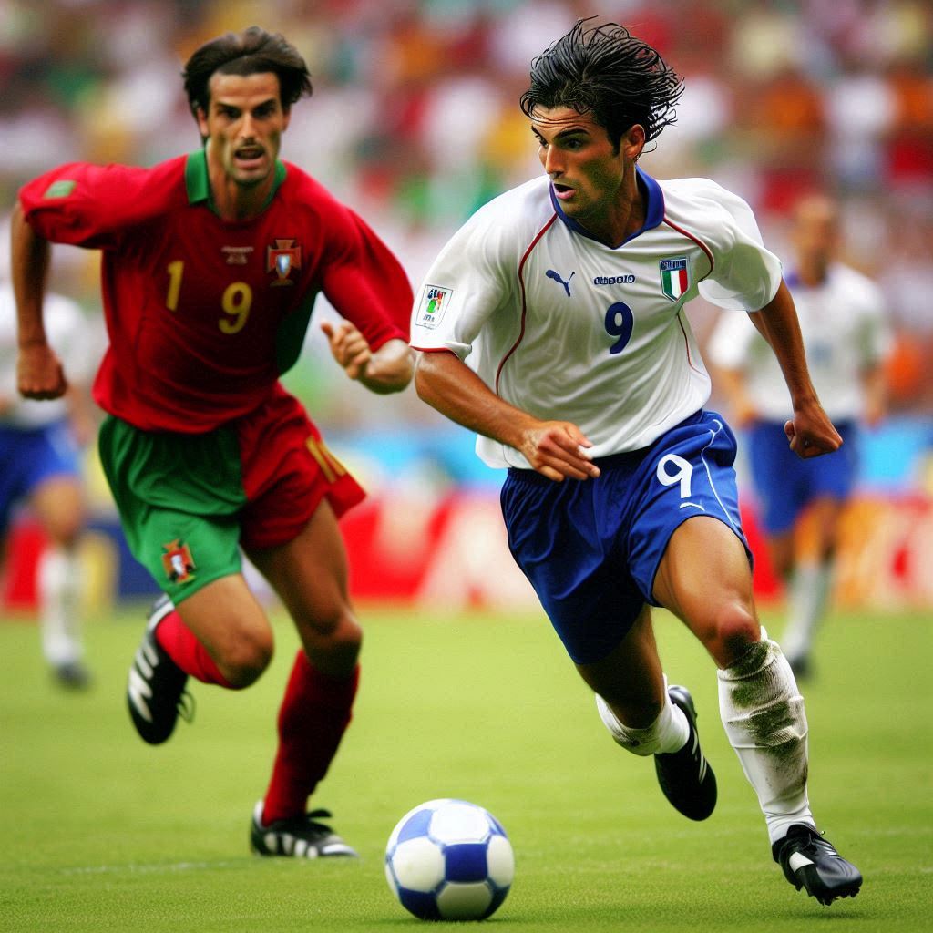 Italy versus Portugal. 2003 soccer match. an Italian player runs with the ball. a Portuguese player chases him.
